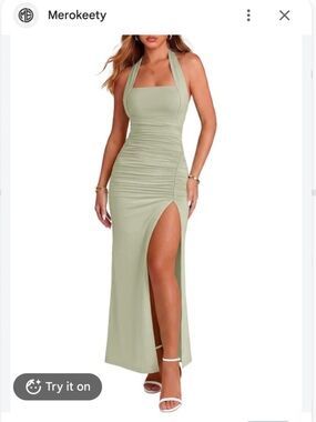 Merokeety Sage Halter Ruched Side-Slit Maxi Dress